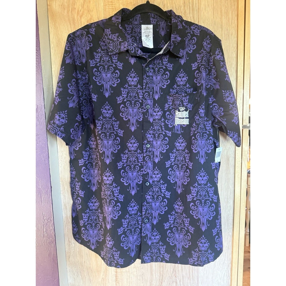 Disney Parks The Haunted Mansion Button Up Wallpaper Woven Camp Shirt 2XL NWT